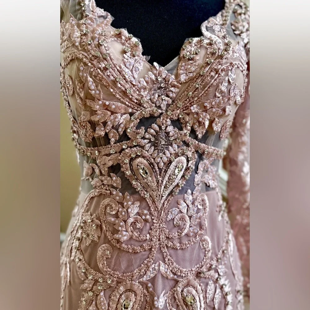 Portia and Scarlett Blush Long Sleeve Feather Fringed Embroidered Gown Size 6 - Picture 15 of 16